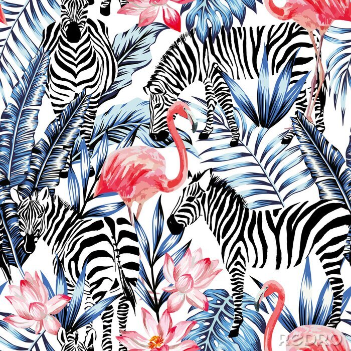 Poster Zebras und Flamingos inmitten tropischer Vegetation