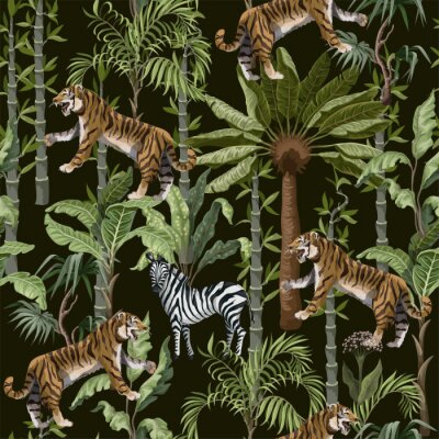 Zebras und Tiger auf einem Hintergrund aus tropischen Pflanzen