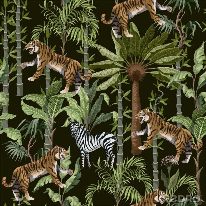 Poster Zebras und Tiger auf einem Hintergrund aus tropischen Pflanzen