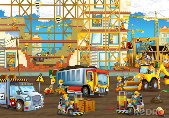 Poster Zeichentrick Baustelle mit Arbeitern