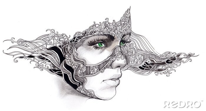 Poster Zeichnung einer Frau mit der abstrakten Maske