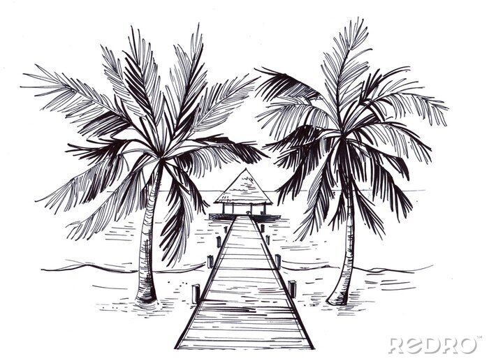 Poster Zeichnung eines exotischen Strandes