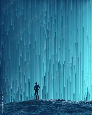 Poster Zeichnung eines Mannes, der im strömenden Regen spaziert