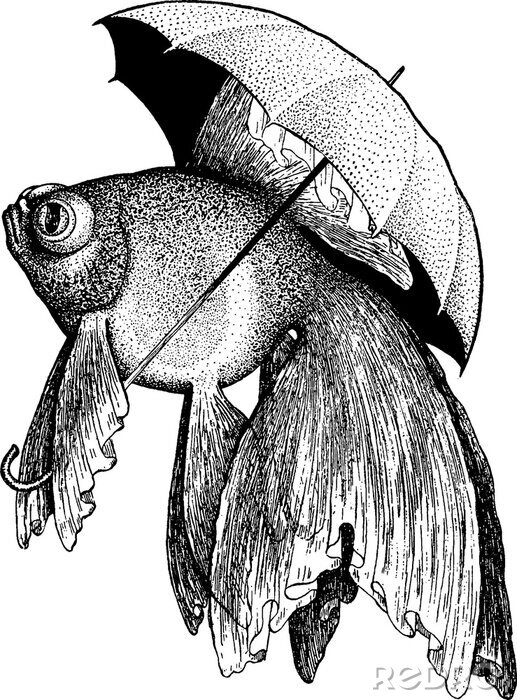 Poster Zeichnung eines sich mit Regenschirm schützenden Fisches