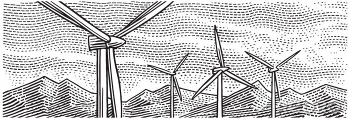 Poster Zeichnung Panorama mit Windmühlen