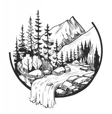 Zeichnung schwarz-weiße Berglandschaft mit Wasserfall