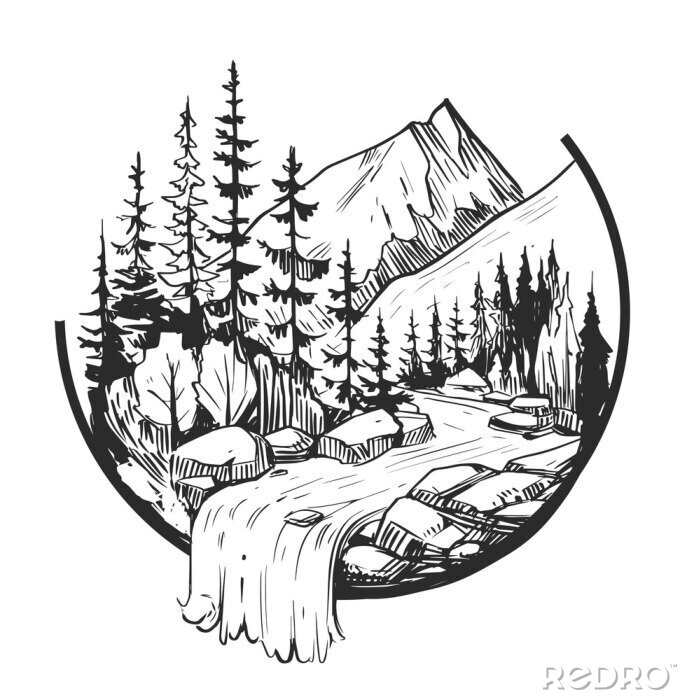 Poster Zeichnung schwarz-weiße Berglandschaft mit Wasserfall