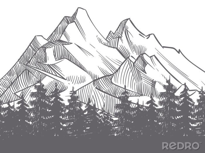 Poster Zeichnung schwarz-weißer Wald auf dem Hintergrund der Berge