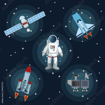 Poster Zeichnungen kosmischer Motive vor einem Sternenhintergrund