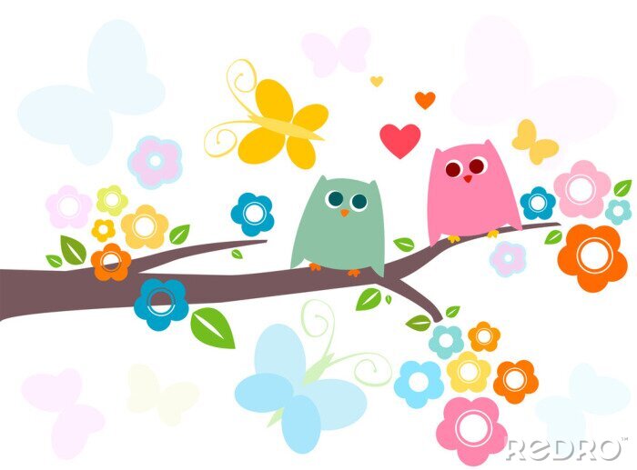 Poster Zwei kleine Eulen am Zweig