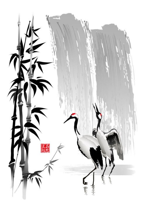 Poster Zwei Kräne am Wasserfall