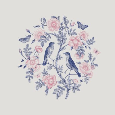 Sticker Zwei Vögel und ein Rosenzweig