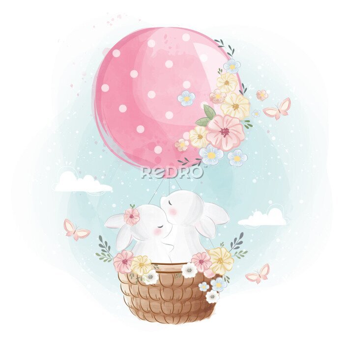 Poster Zwei weiße Hasen, die mit einem Luftballon fliegen