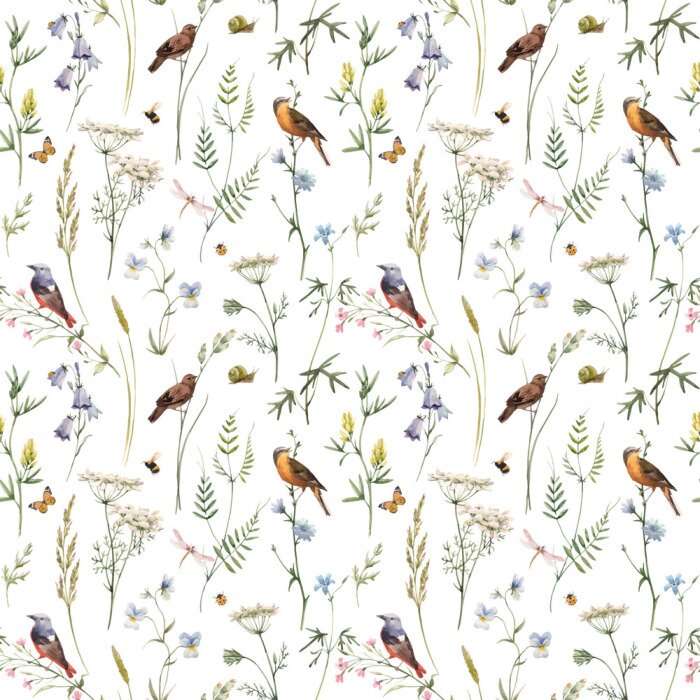 Poster Zweige mit pastellfarbenen Blumen und Vögeln