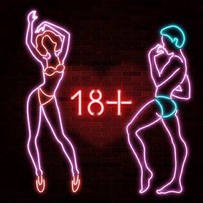 Sticker 18+ banner with neon silhouette of sexy man and woman figures, beautiful silhouettes, nightclub, striptease, sex shop advertisement, vector illustration