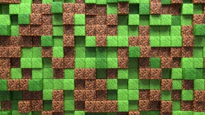 Sticker 3D Abstract cubes. Video game geometric mosaic waves pattern. Construction of hills landscape using brown and green grass block. Concept of game minecraft