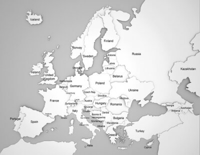 Sticker 3D-Europakarte mit Ländernamen Markt auf englisch