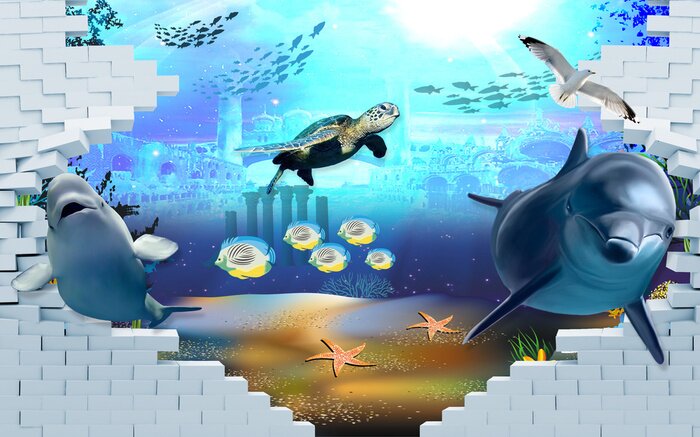 Sticker 3d Fische und Meerestiere hinter einer Wand