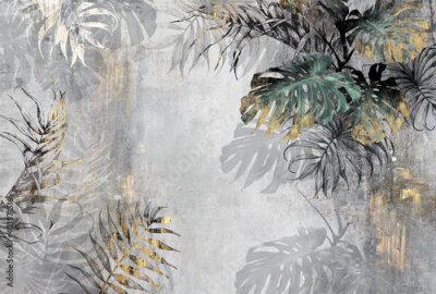 Sticker 3d picture of palm leaves and monstera on a beige background