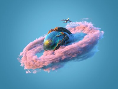 Sticker 3d Planet Globus umgeben von rosa Wolke