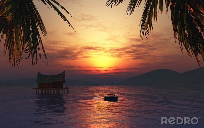 Sticker 3D-Rendering eines weiblichen Sonnenbades auf einem Boot in einer tropischen Landschaft