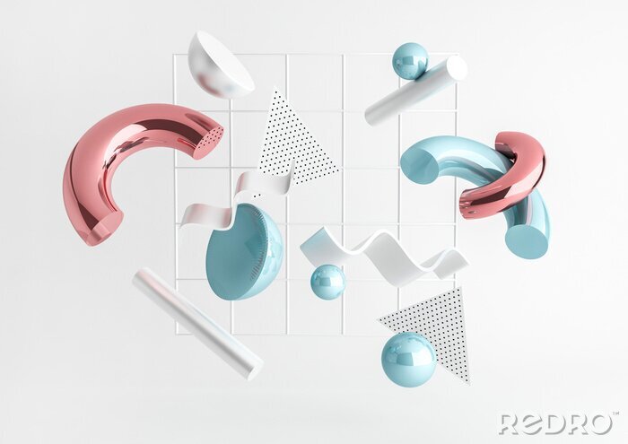 Sticker 3D rendern realistische Grundelementzusammensetzung.  Fliegende Formen in Bewegung lokalisiert auf weißem Hintergrund.  Abstraktes Thema für trendige Designs.  Kugeln, Torus, Röhren, Zapfen in metalli