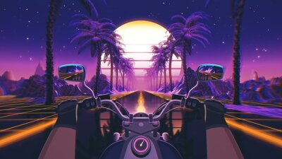 Fototapete 80s retro futuristic sci-fi background with motorcycle pov. Riding in retrowave VJ videogame landscape, neon lights and low poly grid. Stylized biker vintage vaporwave 3D animation background. 4K