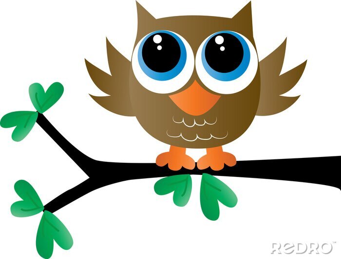 Sticker a cute little brown owl sitting on a branch