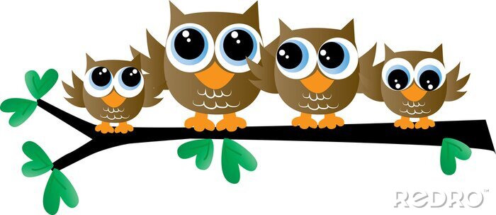 Sticker a cute owl family sitting on a branch header or banner