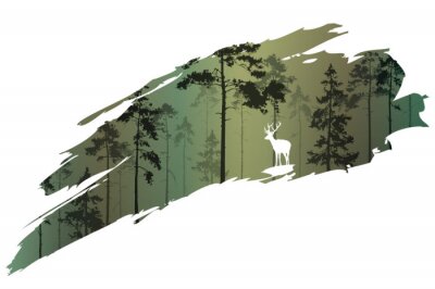 Sticker a fragment of the background with a forest and a deer for your design. Vector illustration