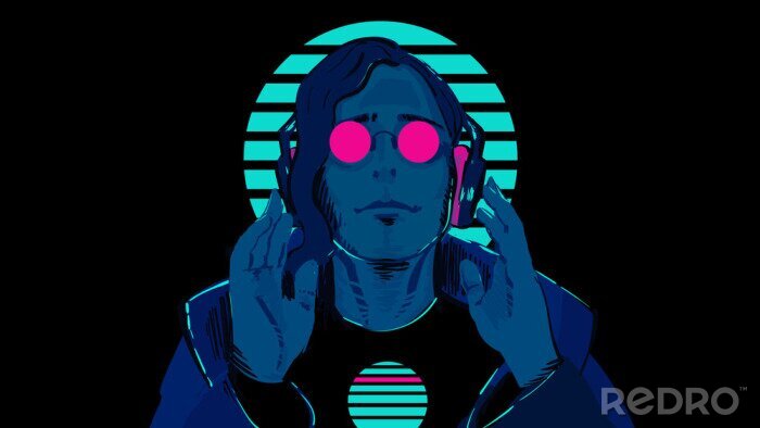 Sticker A guy with blue skin in pink, round glasses against a striped neon circle is listening to music in stereo headphones. Illustration of a sci-fi retro wave 80's on a black background.