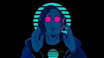 Sticker A guy with blue skin in pink, round glasses against a striped neon circle is listening to music in stereo headphones. Illustration of a sci-fi retro wave 80's on a black background.