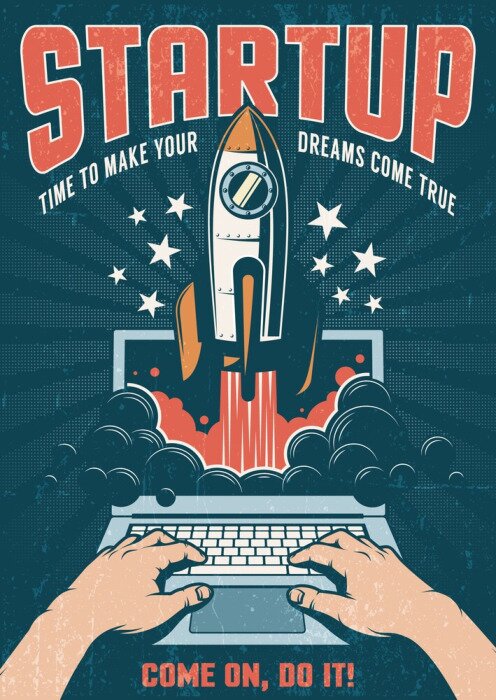 Sticker A rocket taking off from a laptop. Vintage retro poster with a dark background. Startup concept. Vector illustration. Worn texture on separate layer.