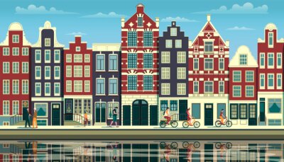 Sticker A street in Amsterdam with traditional buildings, walking people and reflections in the water