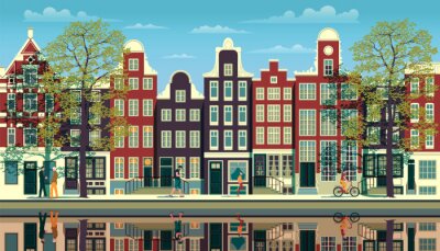 Sticker A street in Amsterdam with traditional buildings, walking people, trees and reflections in the water