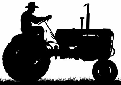 Sticker A vector silhouette of an old farmer driving an old tractor.