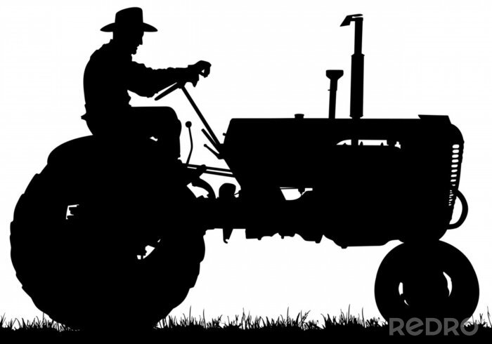 Sticker A vector silhouette of an old farmer driving an old tractor.