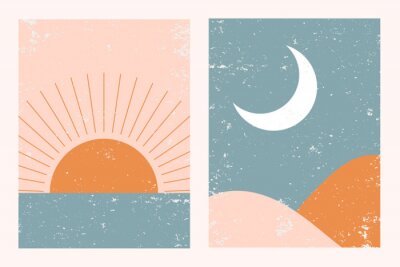 Sticker Abstract contemporary aesthetic background landscape set with Sun, Moon, sea, mountains. Earth tones, pastel colors. Boho wall decor. Mid century modern minimalist art print. Flat abstract design.