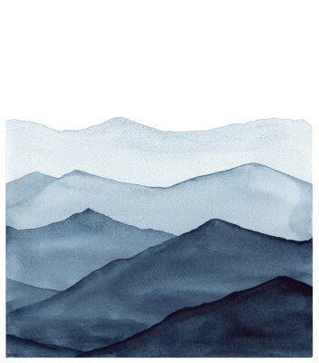 Sticker Abstract indigo blue watercolor waves mountains on white background