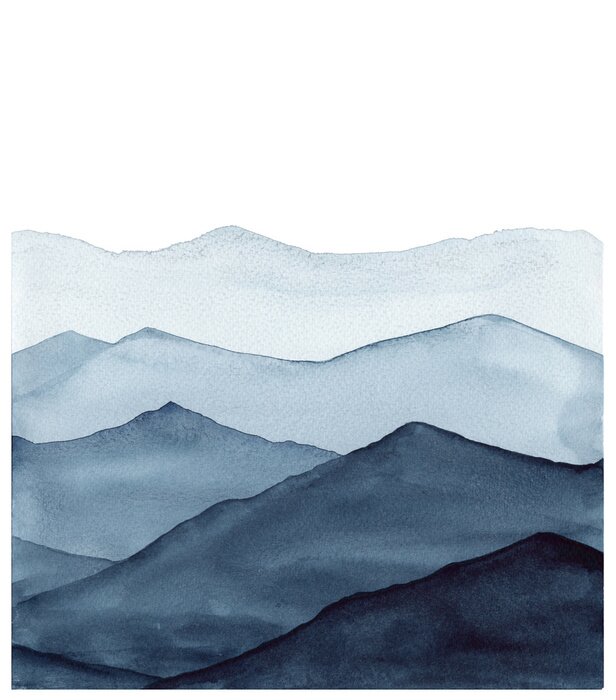 Sticker Abstract indigo blue watercolor waves mountains on white background