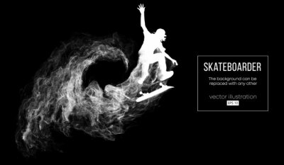 Sticker Abstract silhouette of a skateboarder on the dark black background from particles, dust, smoke. Skateboarder jumps and performs the trick. Background can be changed to any other. Vector illustration