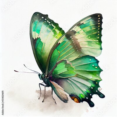 Sticker Abstract watercolor green butterfly. Digital . AI