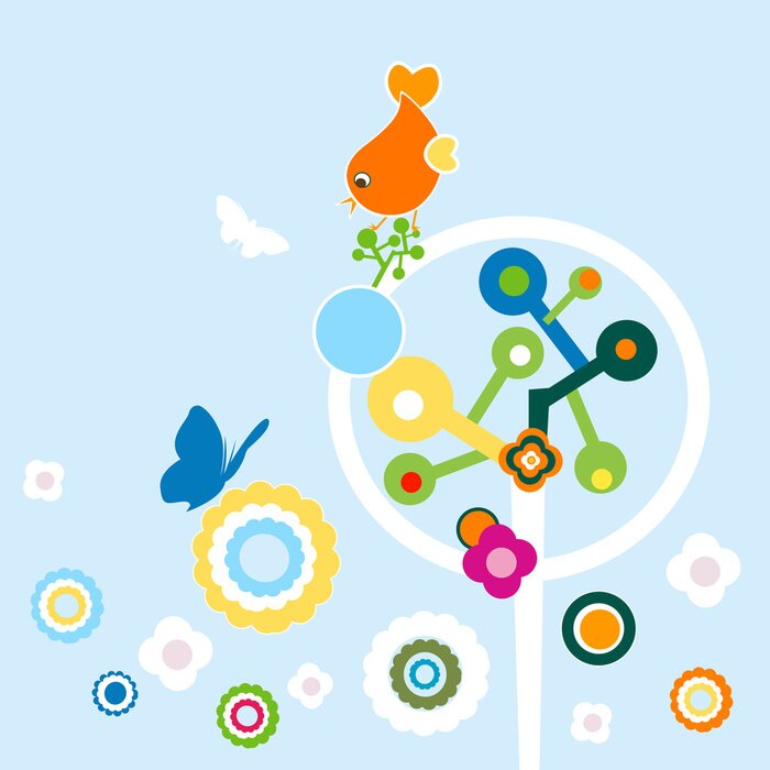 Sticker Abstrakte Blumenbäume und Vögel