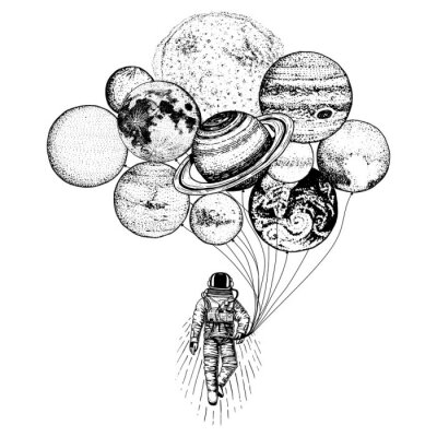 Abstrakte Zeichnung eines Kosmonauten mit Planeten