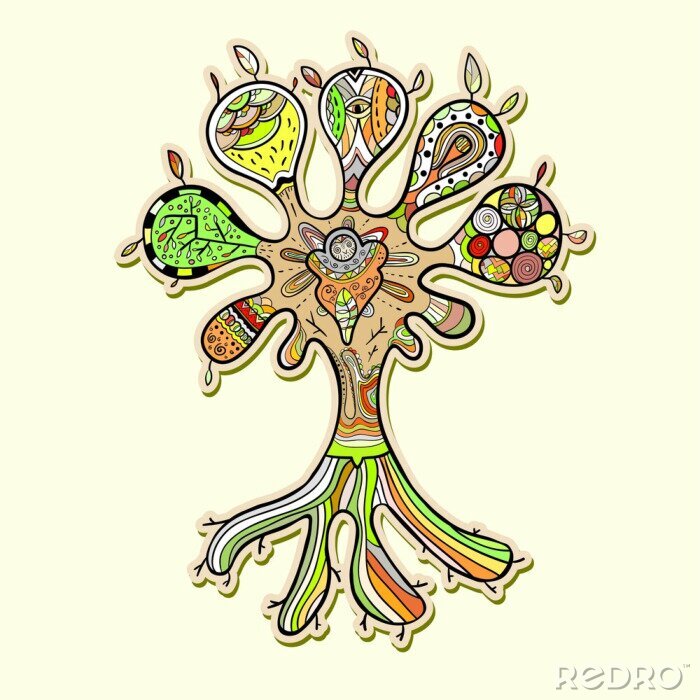 Sticker Abstrakter Baum Illustration mit Ornamenten für Ihr Design