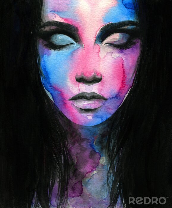Sticker Abstraktes Gesicht einer Frau mit Aquarellfarben gemalt