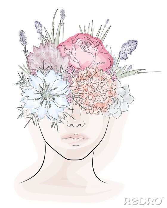 Sticker Abstraktes Gesicht mit Aquarell-Blumen