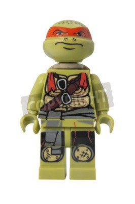 Sticker ADELAIDE, AUSTRALIEN - 26. Februar 2015: Eine Studioaufnahme einer Michelangelo Lego-Minifigur aus der TMNT-Fernseh- und Filmreihe. Lego ist weltweit bei Kindern und Sammlern sehr beliebt