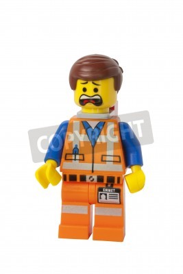Sticker ADELAIDE, AUSTRALIEN - 9. September 2014: Eine Studioaufnahme einer Emmet Lego-Minifigur aus dem Lego-Film. Lego ist weltweit bei Kindern und Sammlern sehr beliebt