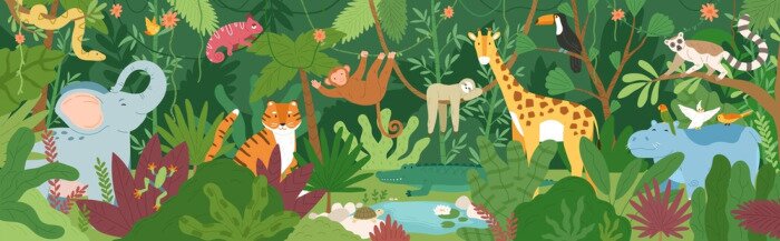 Sticker Adorable exotic animals in tropical forest or rainforest full of palm trees and lianas. Flora and fauna of tropics. Cute funny inhabitants of African jungle. Flat cartoon colorful vector illustration.